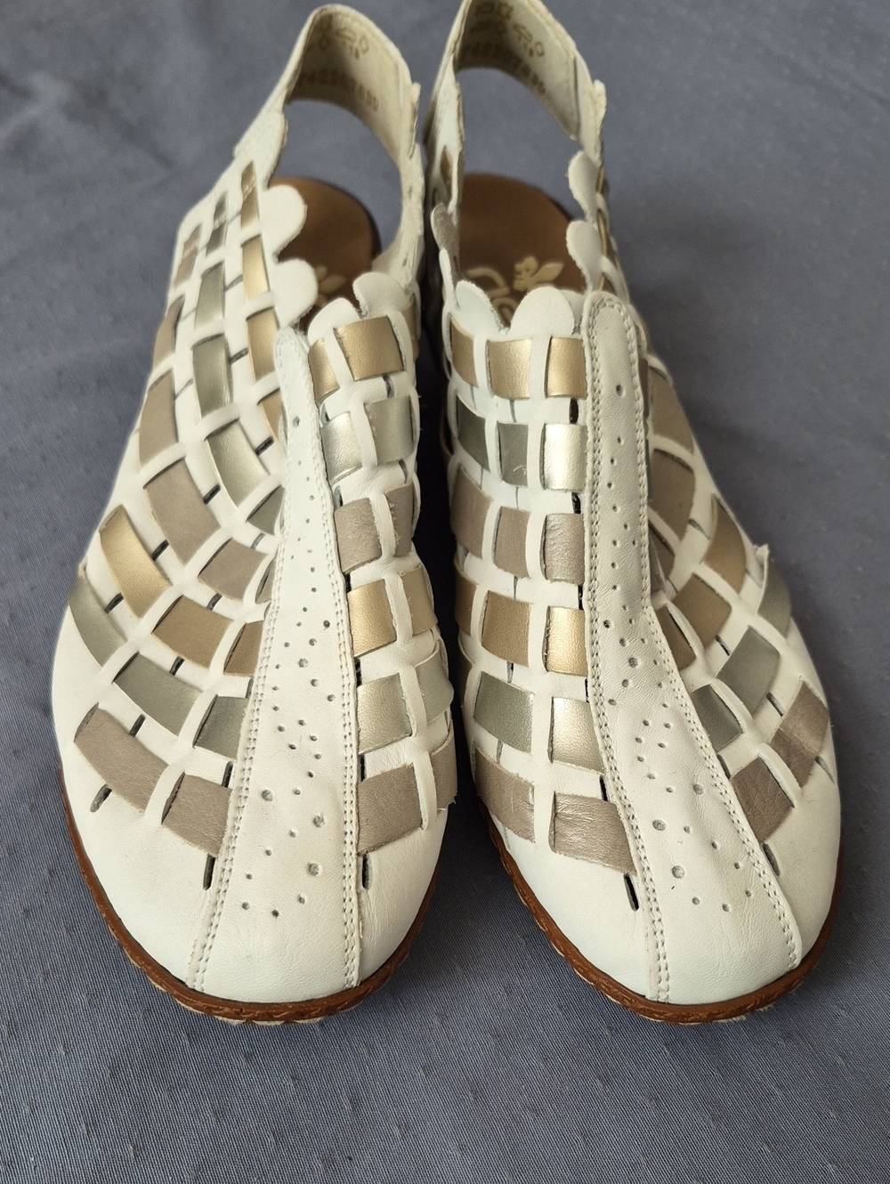 Rieker Sina Shoe 42 Woven Leather Comfort Slingback Mules with Metallic Accents